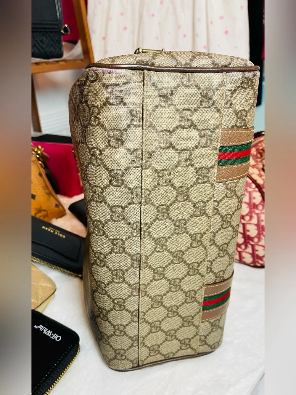 Gucci Beige/Brown Monogram Satchel with Green-Red Web Stripe